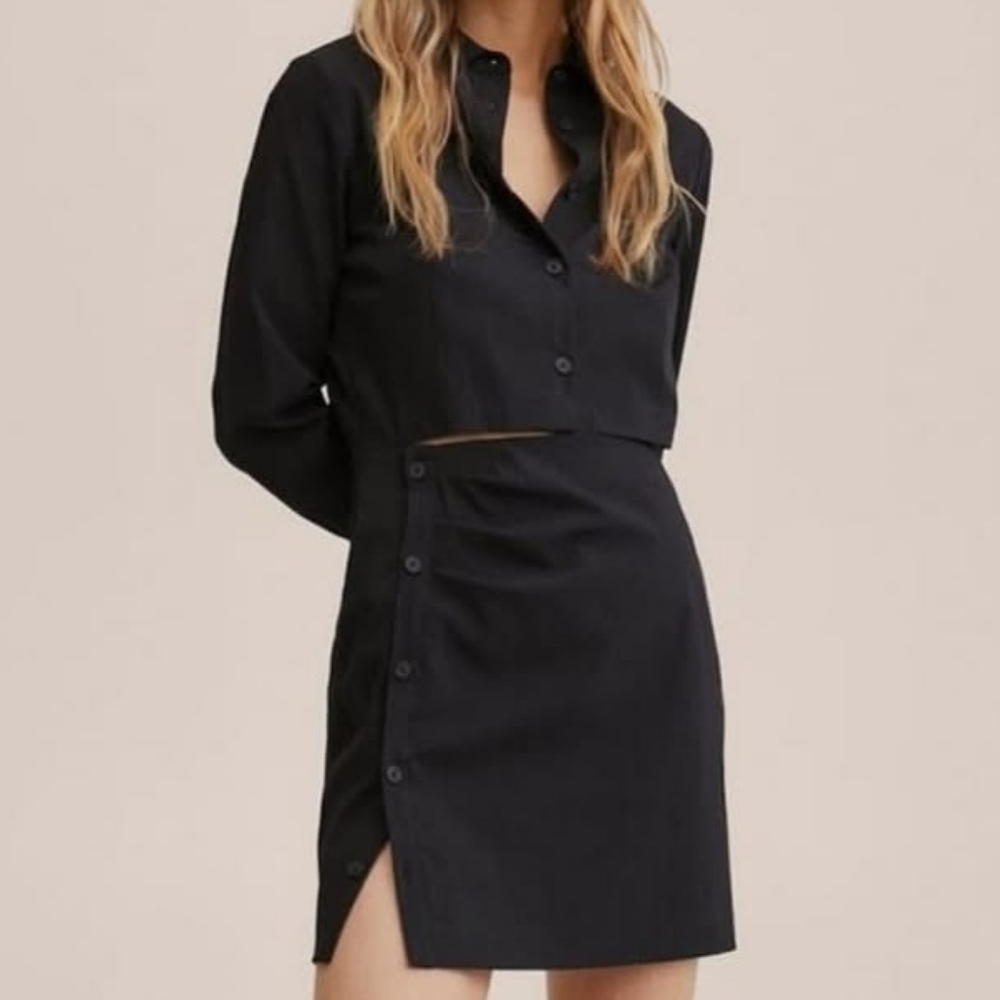 Mango Black Mini Dress US 8 Cut Out Button Down